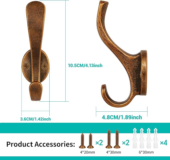 Coat Hooks Heavy Duty - Wall Mount Metal Towel Hooks Screw-in Wall Hooks for Hanging Hat, Towel, Key, Robe, Scarf, Bag, Cap (6 PCS Bronze)