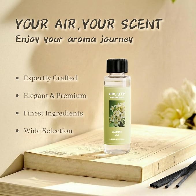 Airkeep Reed Diffuser Oil Refill/Jasmine Lily/3.38 oz / 1 Pack/Air Freshener & Aromatherapy Essential Oil Blend for Home Fragrance – Scented Refill Oil for Bathroom, Bedroom & Home Decor