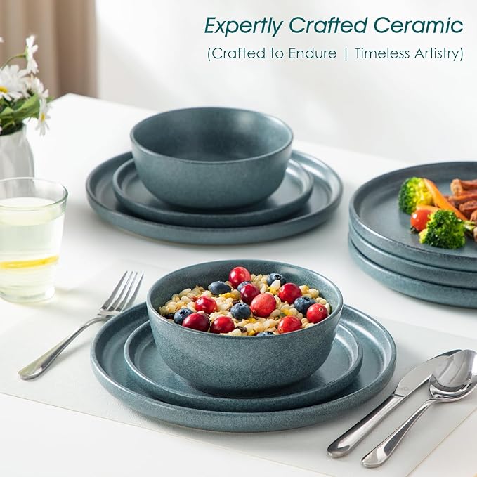 vancasso Plates and Bowls Sets, 24 Pieces Stoneware Dinnerware Set for 8, Ceramic Dish Set for Kitchen, Microwave and Dishwasher Safe, Smoky Teal, Series ZERMATT