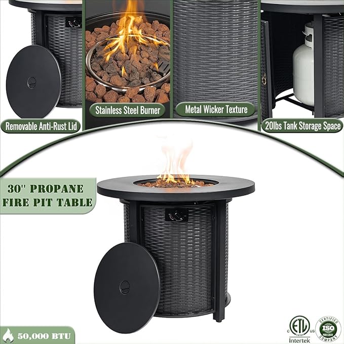 30" Propane Gas Fire Pit Table, 50000 BTU Round Steel Fire Pit with Lid & Glass 2 in 1 Fire Pit Table Rock for Outside Patio Deck Garden Courtyard