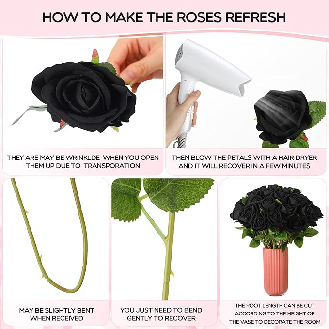 Jexine 50 Pcs Artificial Rose Flower Bulk Realistic Silk Fake Roses with Long Stem Plastic Artificial Flower Bouquet Real Looking for Home Wedding Centerpieces Party Decoration(Black)