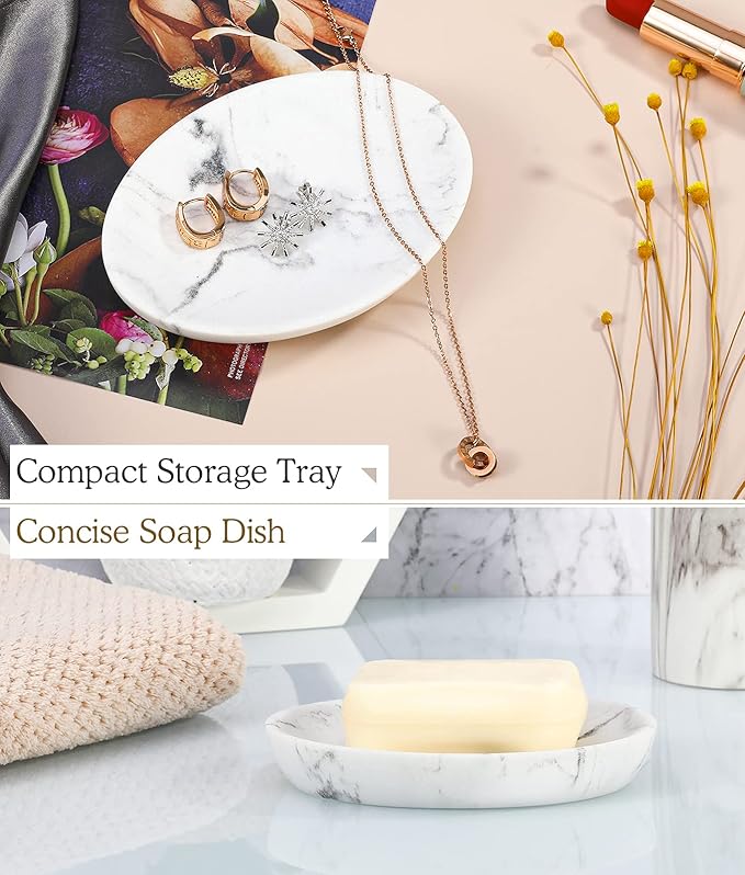 Luxspire Soap Dish 2 Packs, Resin Soap Tray Soap Holder Container Box, Marble Pattern Oval Soap Plate Case, Sponge Dish Scrubbers Tray Holder for Bathroom Vanity Shower Kitchen Sink, Gravel White