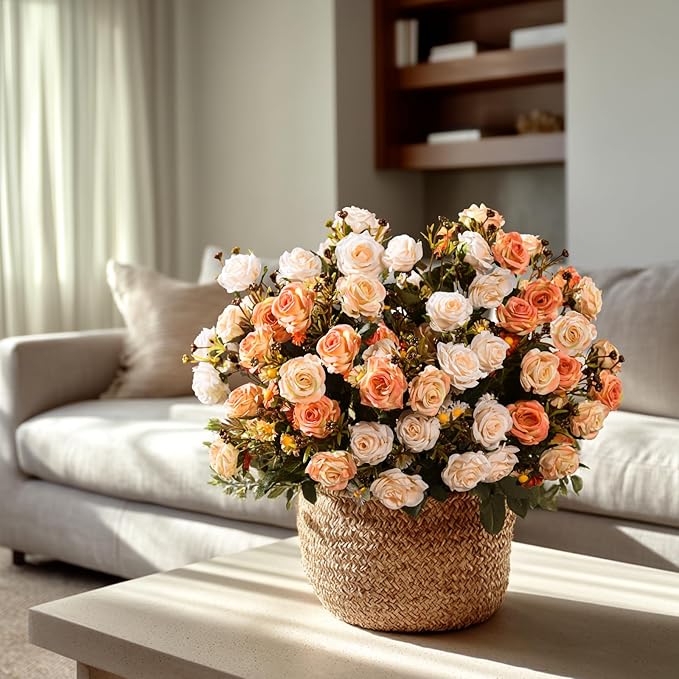 Artificial Rose Flowers for Outdoor 4 Bundles Rose Bouquet with Daisy Faux Flowers UV Resistant for Home Indoor Outside Garden Porch Window Box Balcony Yard Porch Decor (White+Orange)