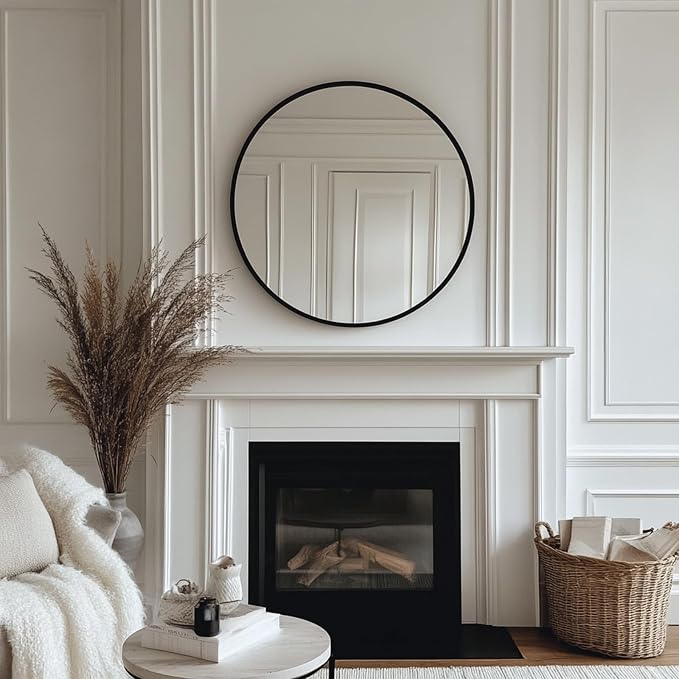 Oruii Round Mirror, Black Round Mirror 24 inch, Circle Wall Mirrors Metal Frame, Black Circular Mirrors for Bathroom, Wall, Living Room, Entryway, Hallway, Vanity, Rustic