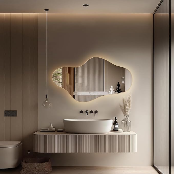 Modern Irregular LED Bathroom Mirror with Lights, Asymmetrical Frameless Smart Lighted Wall Mirror for Living Room Entryway, Large Decorative Makeup Vanity Mirror with Touch Switch(22.5″x39.4″)