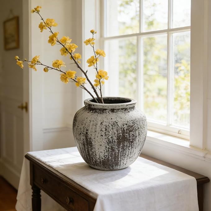 Oakrain Large Rustic Minimalist Vase, 11" Distressed Round Floor Vase for Home Decor, Farmhouse Centerpieces Planters for Living Room Indoor Outdoor Use, Gray