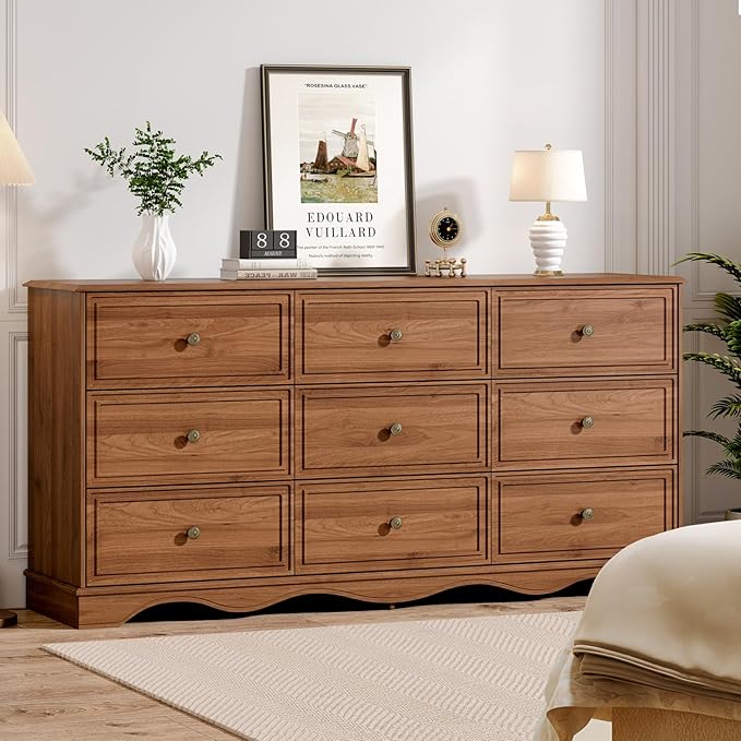 9 Drawer Dresser,63" Wide Mid Century Chest of Drawers,Wooden Bedroom Drawer Dresser with 9 Storage Drawers for Bedroom,Living Room,with Anti-Tipping Device,Umber.