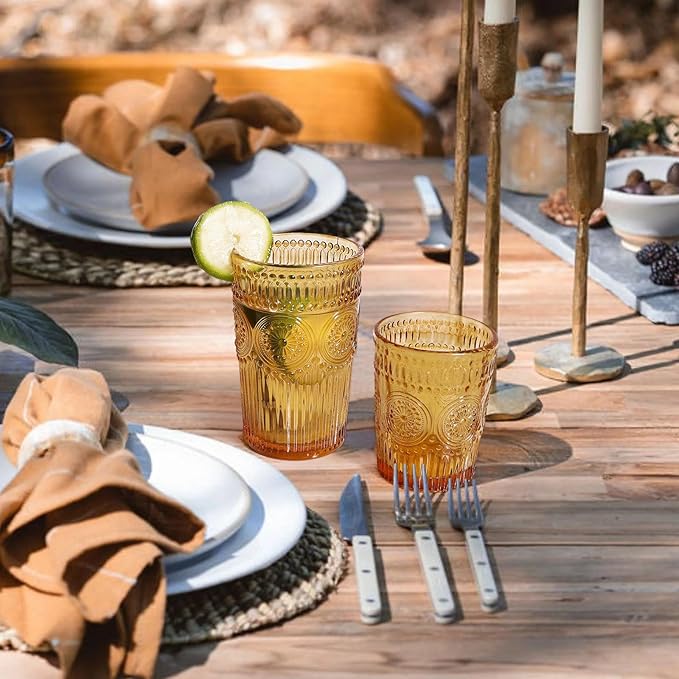 Loivttvv 12pcs Vintage Drinking Glasses Set, 12 oz Highball Glasses & 9 oz Embossed Ribbed Glassware Cups for Thanksgiving Cocktail, Juice, Coffee, Whiskey (Amber)