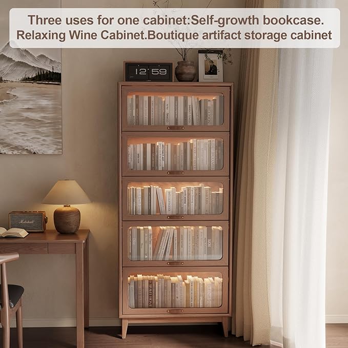 5 Tier Solid Wood Bookcase with Tempered Glass Doors Elegant Wooden Book Shelf with Doors 72H/32w/14 inch Log Khaki, Luxury Antique Bookcase Artwork Book Shelves/case for Home Office