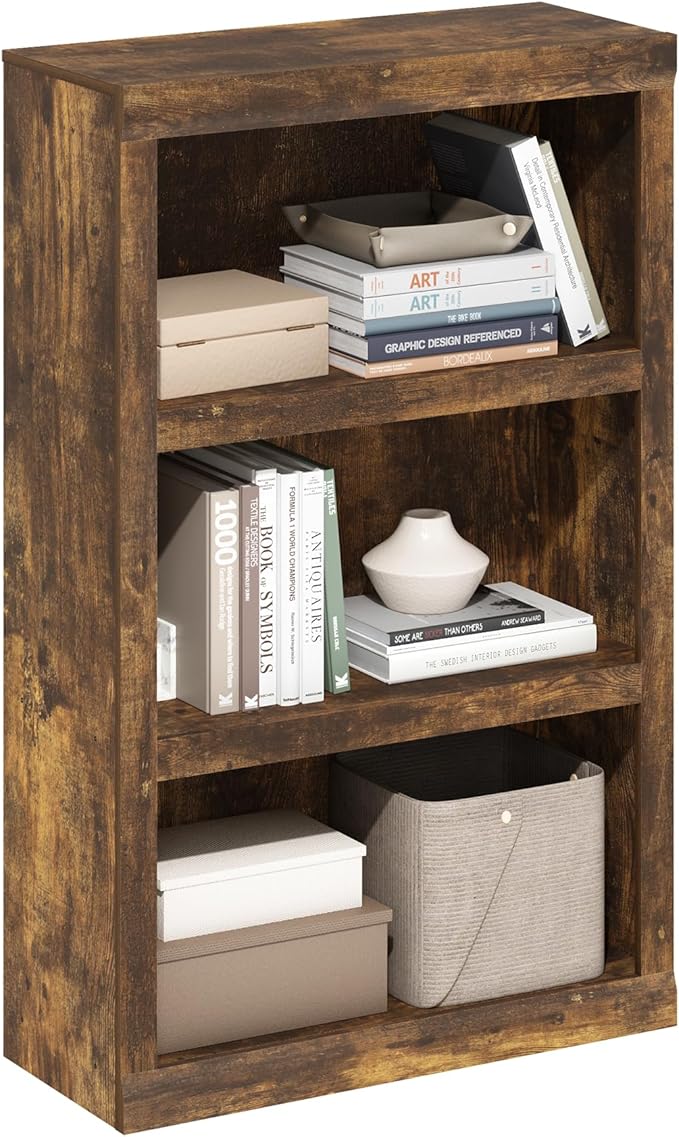 Furinno Rail Book Shelf, 3-Tier Bookshelf, Bookcase with Open Shelf, 10.1 x 24.6 x 39, for Living Room, Bedroom, Home Office, Amber Pine