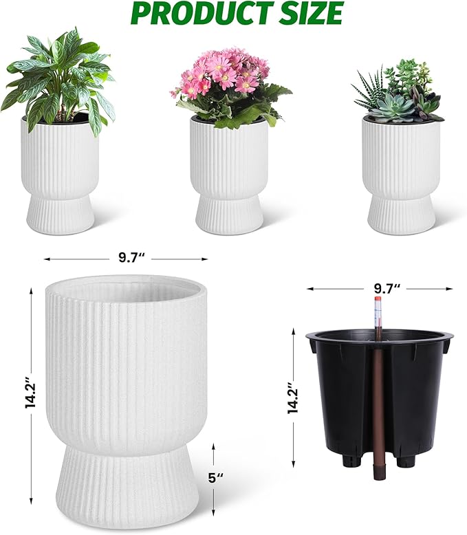 14.2" Tall Planters Set of 2, Plant Pots, Self Watering Pots for Indoor Plants, Flower Pots With Built-In Drainage and a Water Level Monitor, for Patio, Porch, Living Room, or Office, Marble White