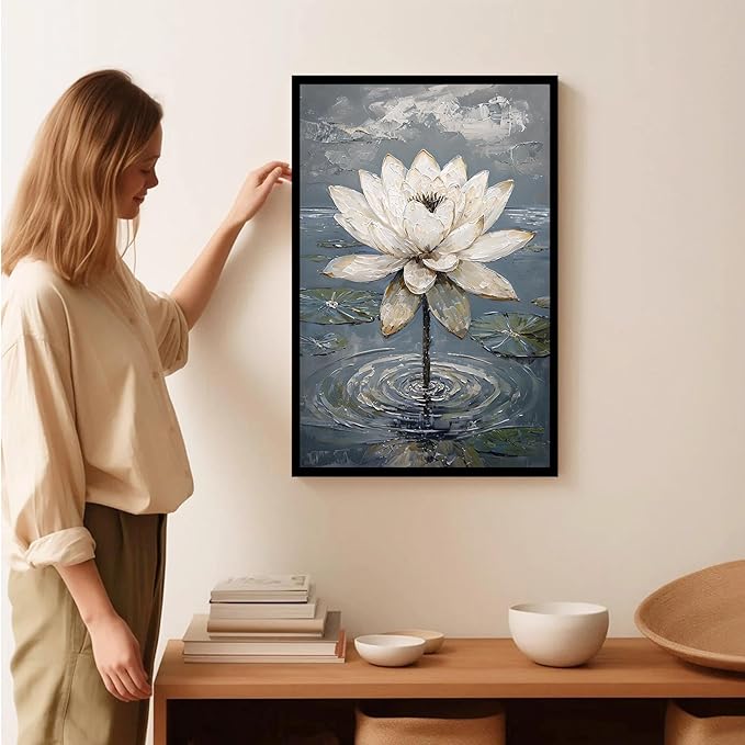 Stunning white lotus emerges from prismatic water with delicate petals background Serene aquatic wall art suitable for modern minimalist decor 20x30in Metal blackFramed