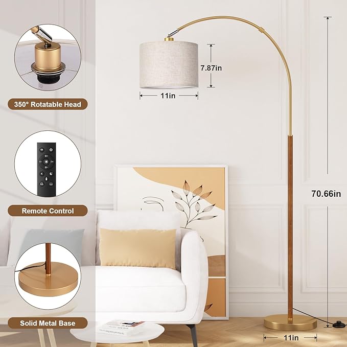 Ambimall Dimmable Arc Floor Lamp with Remote, Color Temperatures and Brightness Adjustable, Arched Floor Lamp with Rotating Head, Over Couch Arched Reading Light for Living Room (Gold and Wood Grain)