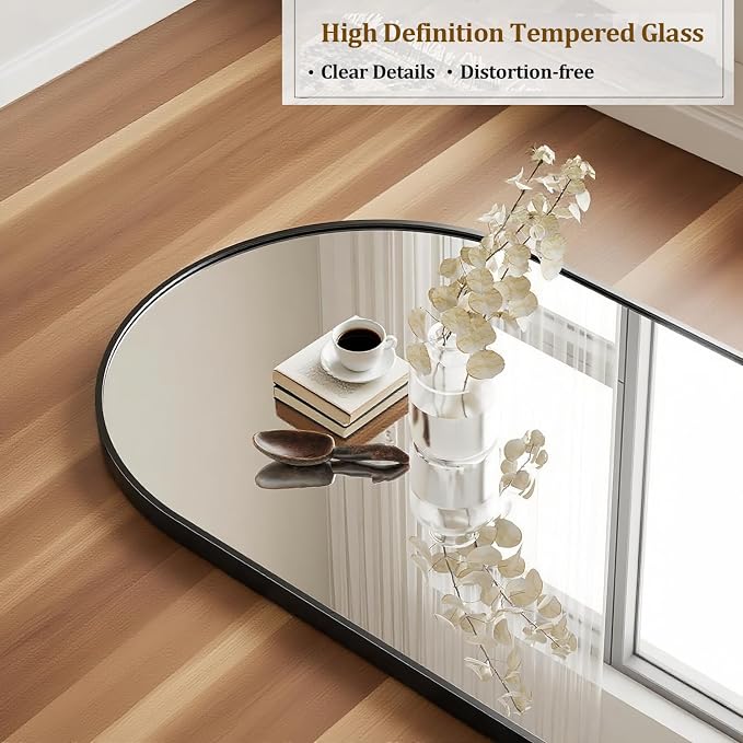 Degfig Arched Full Length Mirror, 64"X21" Floor Length Mirror with Aluminum Alloy Frame, Full Body Mirrors with Stand, Hanging or Leaning Mirrors for Living Room, Bedroom, Black,Round Corner