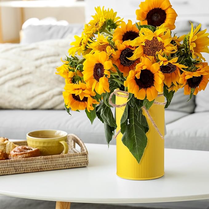 Domensi 5.91 in High Farmhouse Vase Decor Galvanized Metal Flower Vase with Twine Bow Vintage Rustic Tin Flower Buckets for Artificial Floral Table Container DIY(Yellow, Orange,8 Pcs)