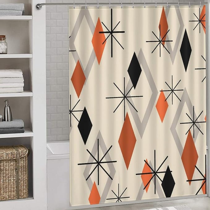 Geometric Modern Shower Curtain for Bathroom, Orange Mid Century Atomic Abstract Pattern 1950s 1960s Retro Vintage Style Waterproof Fabric Shower Curtain Set with Hooks, 72"x78" Inch