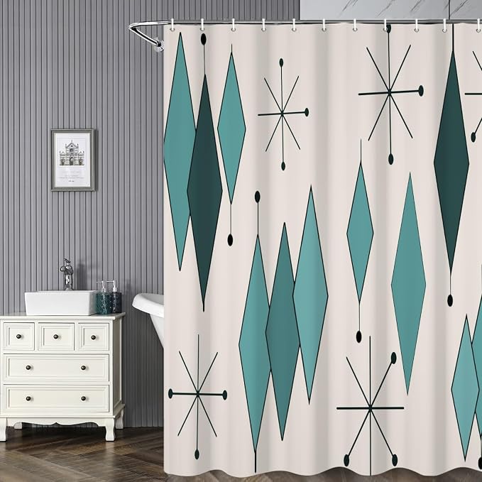 Mid Century Turquoise Shower Curtain Abstract Teal Diamond Geometric Atomic Starburst Pattern Beige Backdrop for 1950s Retro Bathroom Decor Shower Curtain Set with 12 Hooks, 65x72 Inches