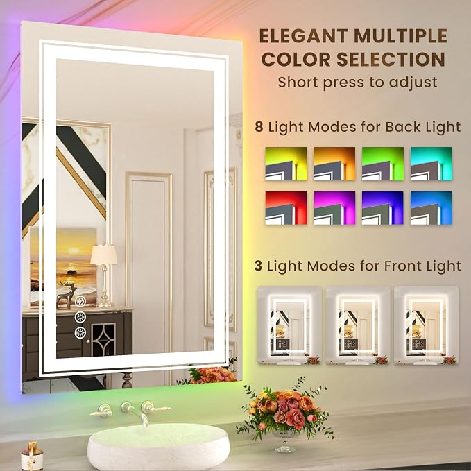 WTTY LED Bathroom Mirror 20"x28" with RGB Backlit and 3 Front Light,Stepless Dimmable LED Mirror for Bathroom,Lighted Bathroom Vanity Mirror for Wall,Anti-Fog,Memory Function,Shatter-Proof