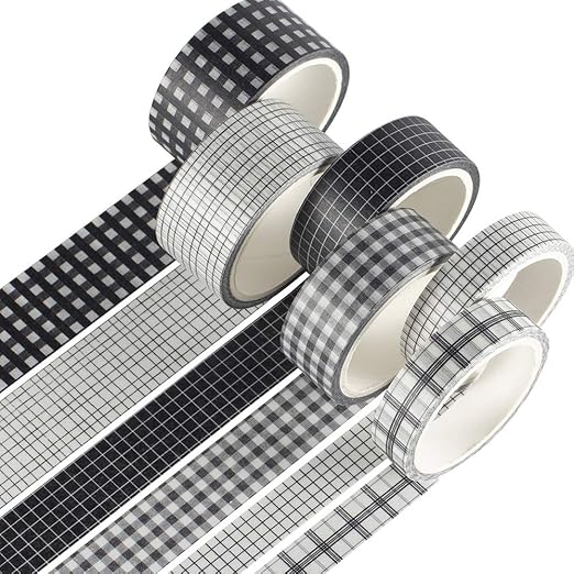 YUBBAEX 6 Rolls Plaid Washi Tape Set Basic Grid Masking Decorative Tapes for Arts, DIY Crafts, Journals, Planners, Scrapbooking, Wrapping (Black Plaid)