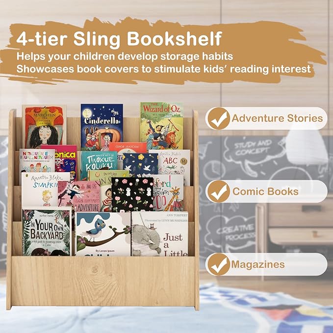 HONEY JOY Kids Bookshelf, 4-Tier Wooden Toddler Bookcase, Children Book Rack & Magazine Display Shelf, Toy Storage Organizer, Book Shelf for Kids Rooms, Playroom, Nursery, Classroom (Natural)