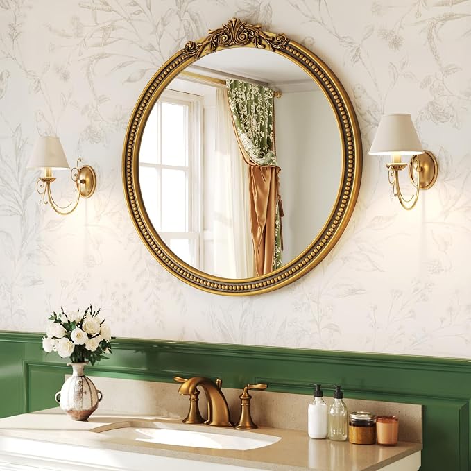 CozyDH Retro Gold Round Wall Mirror Decor - 24x24 inch Ornate Baroque Style Beaded Soli Wood Frame - Vintage Home Decor for Entryway, Foyer, Fireplace, Living Room, Hallway