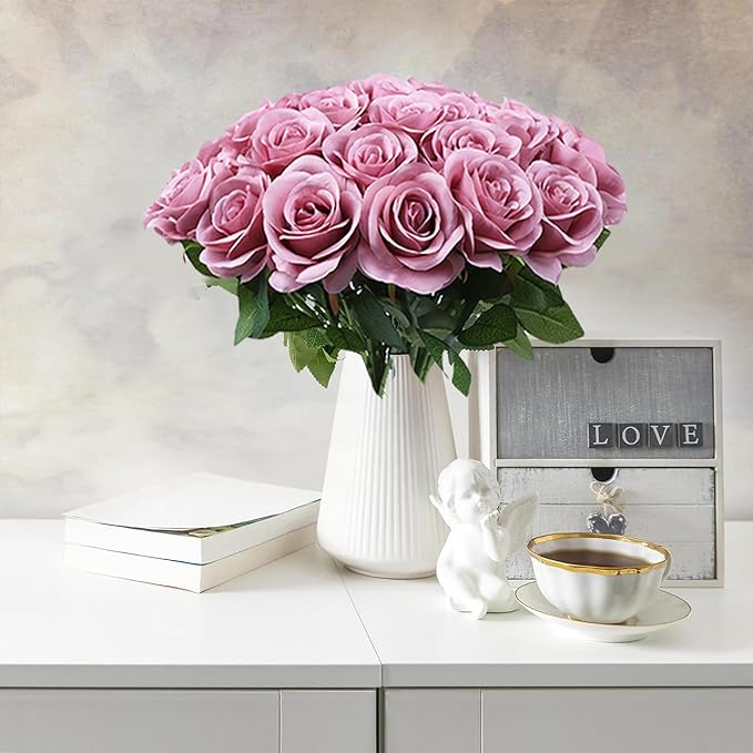 Artificial Rose Flower Artificial Flowers Flower with Long Stem Silk Roses Bouquet for Wedding Bridal Shower Party Home Decoration (Mauve, 12 Pcs)