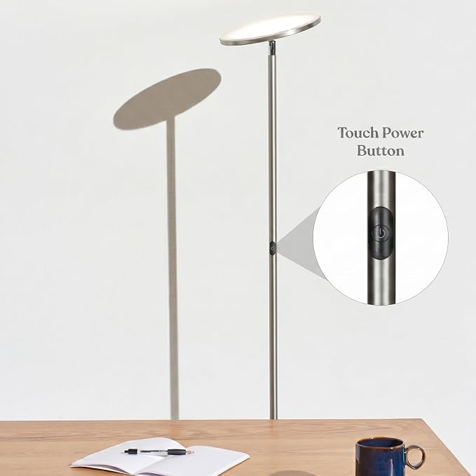 Brightech Sky LED Floor lamp, Torchiere Super Bright Floor Lamp for Living Room Decor & Office - Dimmable, Tall Standing Lamp with Warm Light for Bedroom & Reading - Brushed Nickel