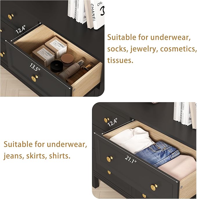Black 9 Drawers Dresser for Bedroom, 59'' Large Wood Dresser with Gold Handles, Modern Wide Chest of Storage Drawers for Hallway, Living Room