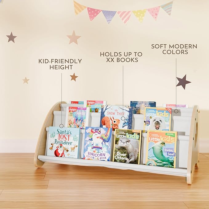 Toddler Bookshelf,4-Tier Book Rack Organizer with Fabric Storage Pockets, Wooden Bookshelves with Open Forward Display, Montessori Book Shelf for Nursery/Playroom, Natural/White
