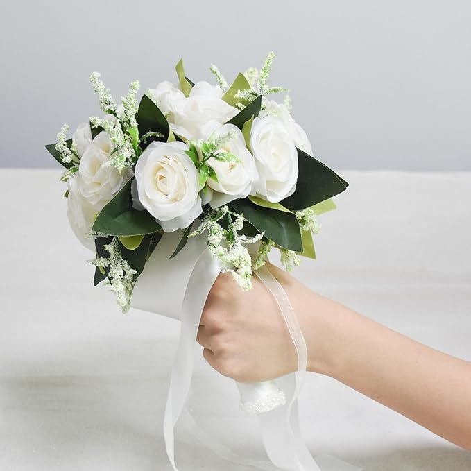 Wedding Bouquets for Bride Bridesmaid Bouquet Ivory Bridal Bouquet Artificial Roses for Wedding Church Home Decoration (Ivory)