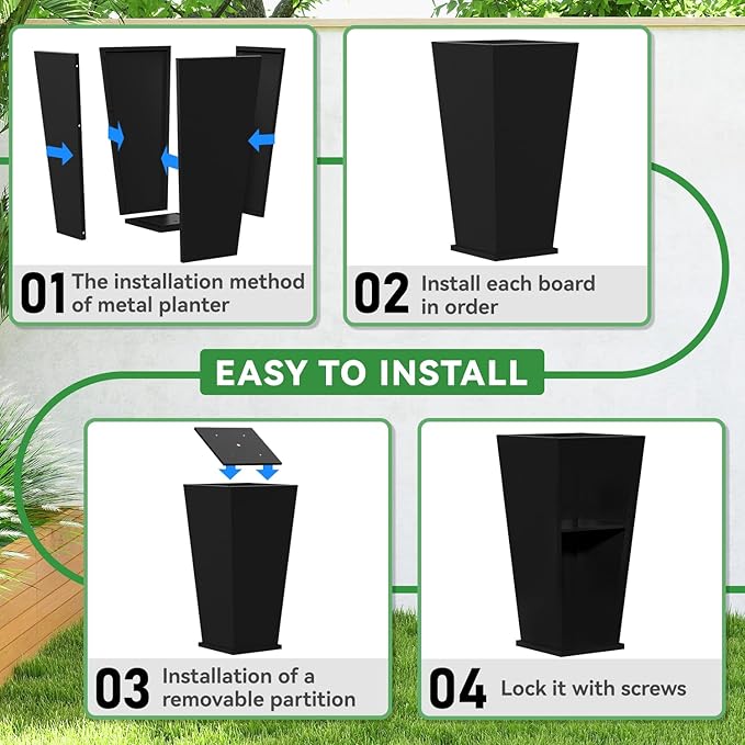 Metal Planter 2 Pack, 15L x 15W x 30H, Heavy Duty Tall Planters for Outdoor Plants, Black Planters with Removable Insert Shelf, Large Planters with Drainage Holes for Porch, Patio, Black