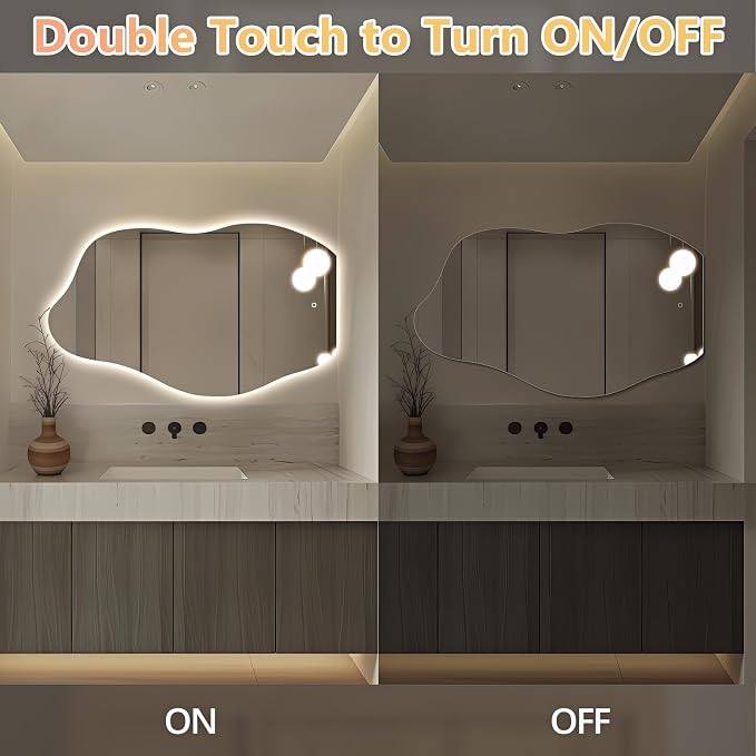 Niccy Irregular LED Bathroom Mirror, 24"x40" Asymmetrical Backlit Vanity Wall Mirrors, Frameless Lighted Mirrors for Bedroom, Living Room, Modern Smart-Mirror with Anti-Fog, Dimmable, Memory Function