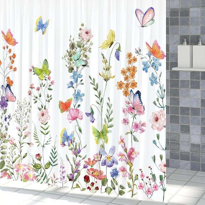 Spring Floral Butterfly Shower Curtain Summer Colorful Wildflowers Botanical Shower Curtain for Rustic Vintage Bathroom Decor Easter Shower Curtain Set 72x96 Inches