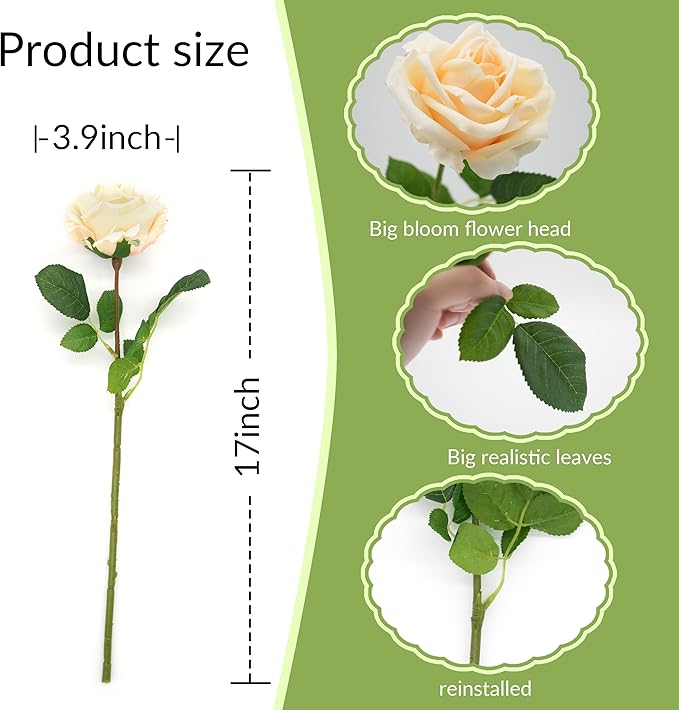6 Pcs Silk Real Touch Latex Roses, Artificial Single Stem Big Bloom Faux Roses for Home Party Office Wedding Indoor Decor, Floral Arrangements, Table Centerpieces