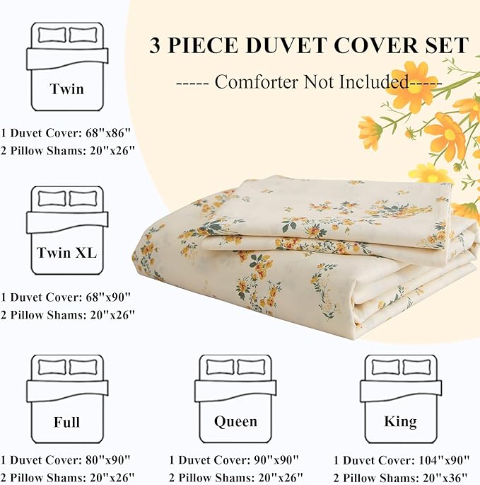 LifeTB Yellow Flower Duvet Cover Set Twin Girls Yellow Floral Duvet Cover Chic Garden Flower Bedding Sets Cotton Botanical Floral Duvet Comforter Cover 1 Twin Duvet Cover with 2 Pillow Shams