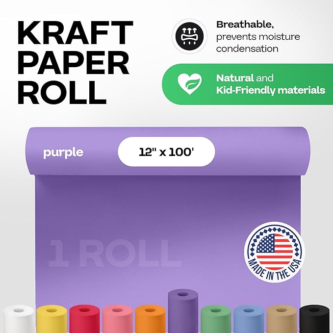 12" x 1200" (100 feet) Purple Kraft Paper Roll - USA-Made Quality Craft Paper for Gift Wrapping, Kids' Arts & Crafts, School Projects - 100% Recycled Natural Material 50lb Thickness by IDL Packaging