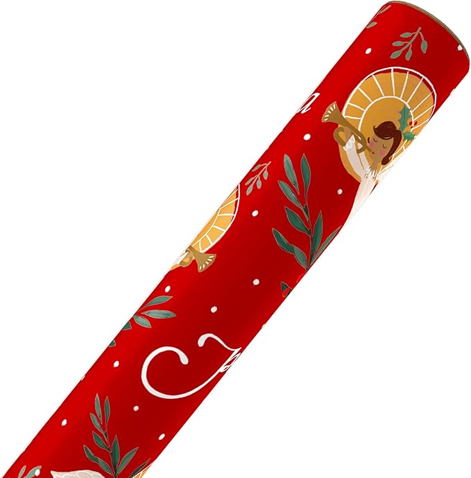 American Greetings Reversible Religious Christmas Wrapping Paper Roll with Angels, Red and White Holiday Gift Wrap (60 sq. ft., 1 Standard Roll Wrap-30 in. x 24 ft.) Papel de Regalo de Navidad