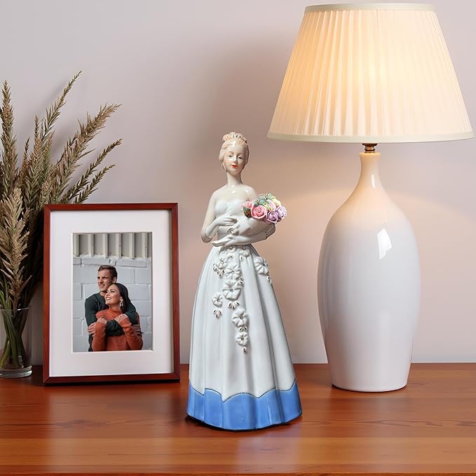 MTME Porcelain Figurine Lady Blessed with Flowers, Vintage Sculpture Home Décor