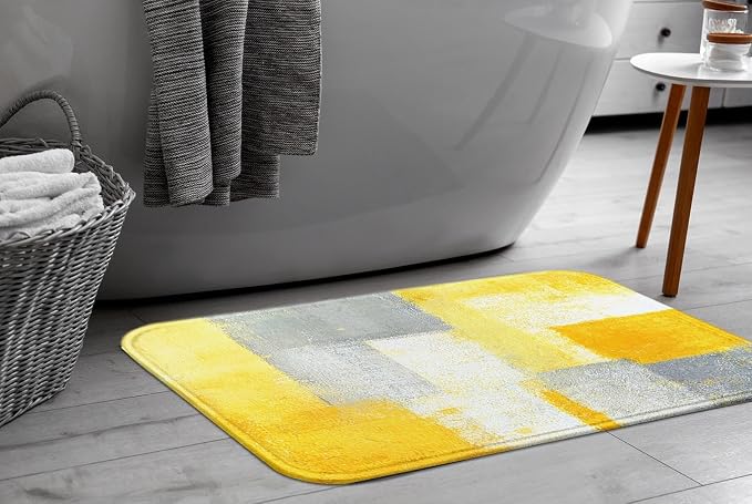 Britimes Bath Mat for Bathroom Yellow Gray Abstract Graffiti Geometric Bath Rug Floor Mat Bathroom Decorations 16x24 Inches for Kitchen Bedroom Indoor