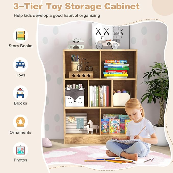 HONEY JOY Kids Toy Storage Organizer, 7-Section Wooden Floor Storage Cabinet, 41” Daycare Toy Chest, 3-Tier Kids Display Bookshelf for Classroom, Playroom & Nursery, Kindergarten (Natural)