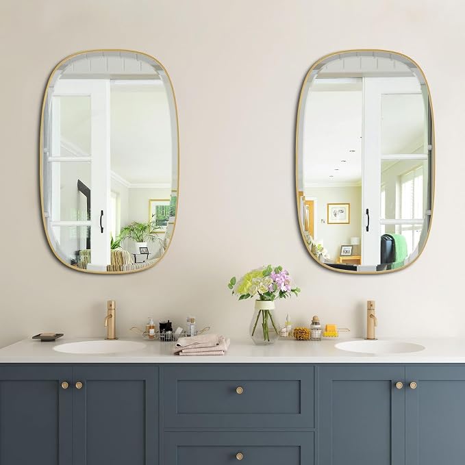 POZINO Brushed Gold Mirror, 20"x30" Brass Beveled Mirrors for Bathroom, Rounded Rectangle Mirror, Modern Vanity Wall Mirrors in Premium Stainless Steel Frame Hangs Horizontal Or Vertical
