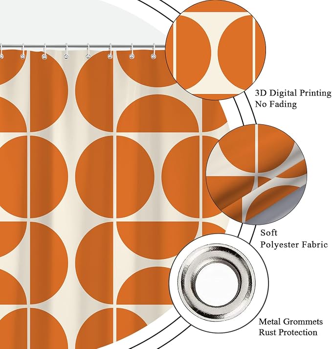 Orange Mid Century Modern Shower Curtain, Boho Abstract Geometric Retro Art Bath Curtains For Bathroom, Colorful Unique Pattern Waterproof Polyester Fabric Bathroom Accessories Set 12 Hooks 72X72IN