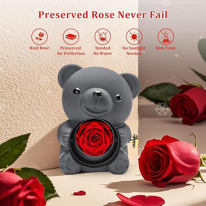 HITOP Rose Gifts for Women - Cute Teddy Bear with Preserved Real Roses Forever Flowers and I Love You in 100 Languages Necklace for Girlfriend Her Wife Mom Grandma on Birthdays, Anniversaries