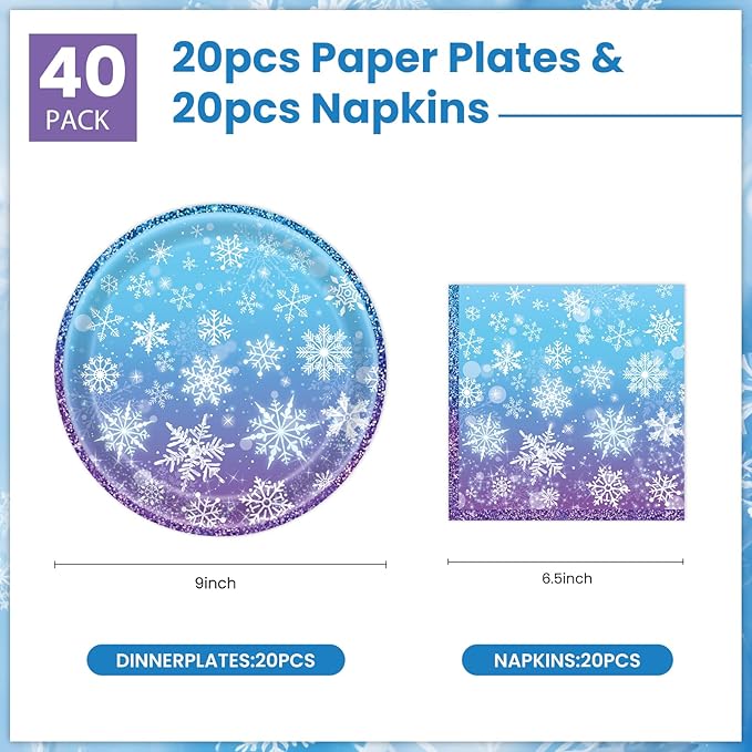 40 Pcs Snowflake Plates and Napkins Party Supplies, Blue Winter Wonderland Disposable Paper Plates and Napkins Tableware Set for Christmas Baby Shower Birthday Party Decorations Serves 20 (Snowflake)
