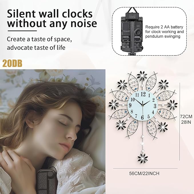 Large Wall Clock for Living Room Decor, Giant Big Silent Modern Battery Operated Glass Pendulum Wall Clock for Kitchen, Bedroom, Oversized Non Ticking Crystal Wall Clock,22 Inch