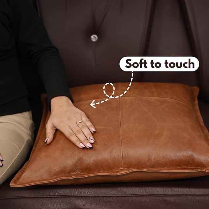 D DOLLY LAMB Lambskin Leather Pillow Cover - Sofa Cushion Case - Decorative Throw Covers for Living Room & Bedroom, 14x14 Inches - Tan Orange Box Pack of 2