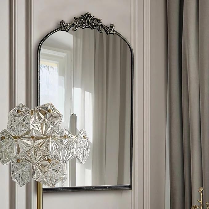 OUSHUAI Black Ornate Mirror for Wall, Traditional Vintage Ornate Baroque Mirrors,Victorian Antique Bronze Full Matel Frame,Arched Mirror for Entryway/Bathroom/Fireplace 24"X36"