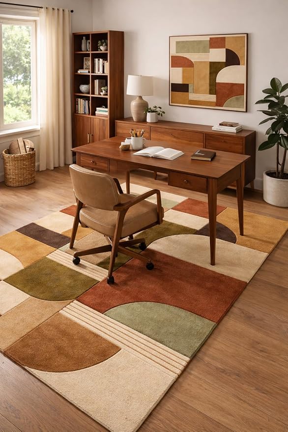 Hand Tufted Wool Geometric Rug – Mid Century Modern Terracotta Olive Cream Area Rug 8x10