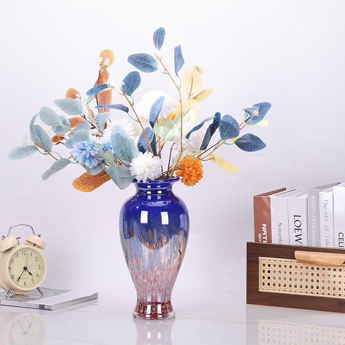 11.8" Tall Blue Glass Vase Beautiful Hand Blown Glass Vase Modern Art Home Decor, Wide Mouth Colorful Vases for Mantle Dining Table Centerpiece, Entryway Living Room Wedding Decoration