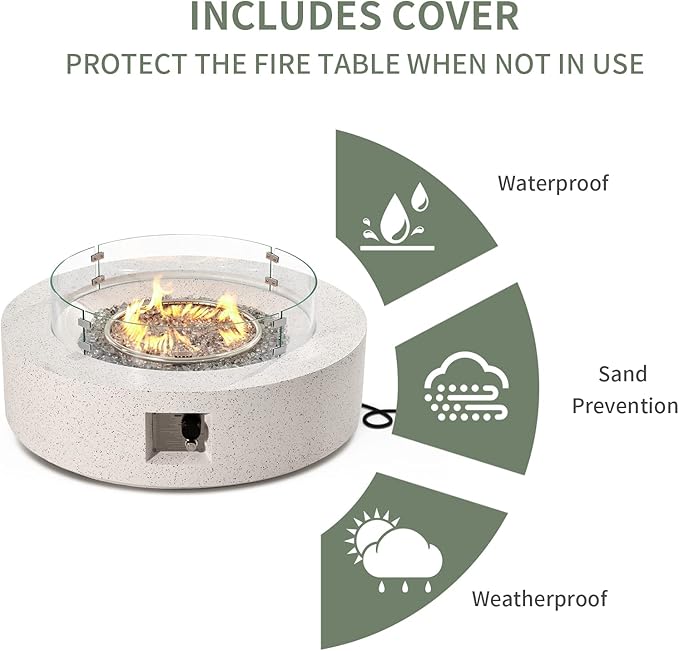 COSIEST Outdoor Propane Fire Pit Coffee Table w Terrazzo White 42 inch Round Base Patio Heater, Certified, 50,000 BTU Stainless Steel Burner, Wind Guard, Transparent Gray Fire Glass, Rain Cover